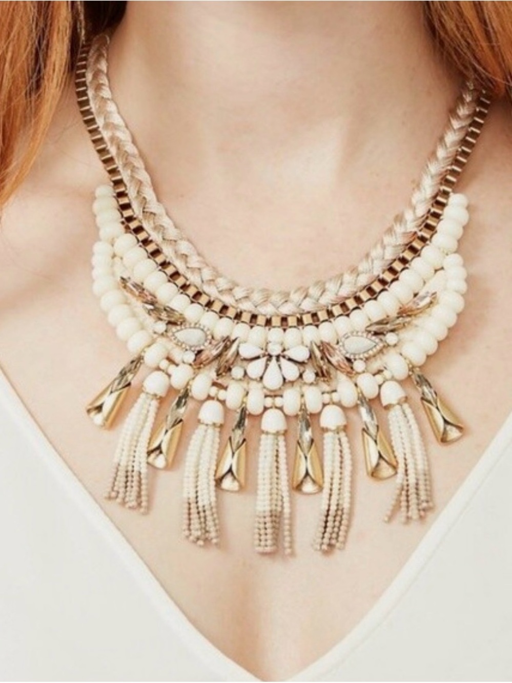 Stella & Dot Eloise Statement Tassel Bib Necklace - cream and gold